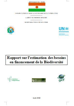 Cette image illustre la page de garde du rapport sur l'estimation des besions en financement de la Biodiversité au Niger