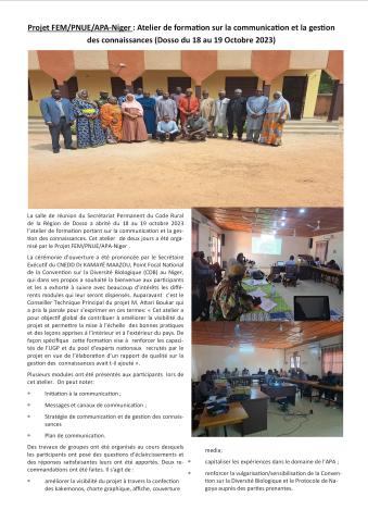 Atelier de formation sur la communication et la gestion des connaissances projet Atelier de formation sur la communication et la gestion des connaissances (Dosso du 18 au 19 Octobre 2023) organisé par le projet FEM/PNUE/APA-Niger à l'intention de l'UGP et du pool d'experts recruté par le projet
